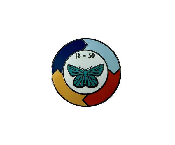 Round Traditional Hard Enamel Badge featuring a blue butterfly in the centre with "18-30" above it, surrounded by four coloured segments (blue, light blue, yellow, and red) forming a circular border.