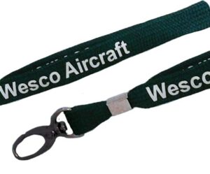 Tube Lanyard in green with white "Wesco Aircraft" text and a metal clasp at the end.