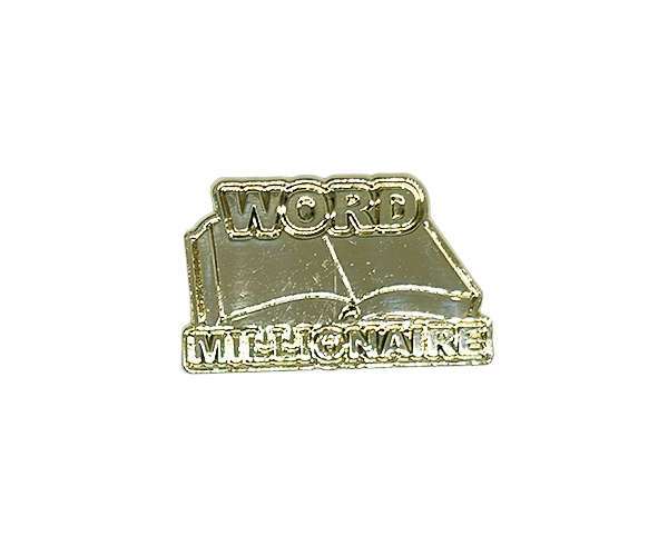Word Millionaire Badges feature an open book design and the words “WORD MILLIONAIRE” in gold, shown against a white background.