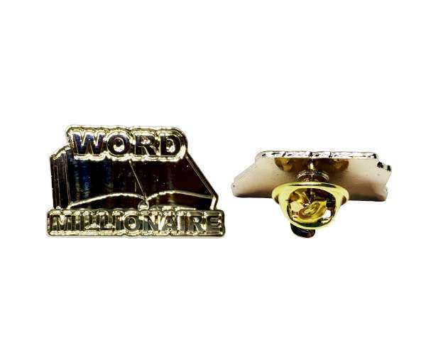 Two metallic Word Millionaire Badges are shown: one displays the front with the text “WORD MILLIONAIRE,” whilst the other reveals the back featuring a gold butterfly clutch.