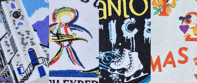 Close-up of four colorful fabric patterns, each with different designs including a church, abstract shapes, ice skates, and partial holiday-themed text.
