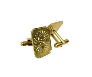 A pair of Rotary Gold Cufflinks, featuring an engraved Rotary International wheel emblem and presented in a presentation case, displayed against a white background.