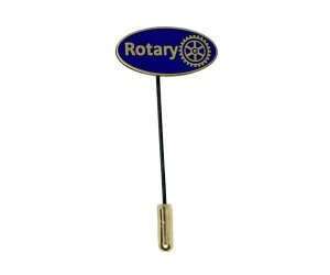A Rotary Oval Badges - Stick Pin featuring a gold and blue oval top with the word “Rotary” and a gear symbol, attached to a metal pin with a gold cap.