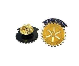 Two Rotary Past President Lapel Badges: one featuring a blue “Past President” banner and the other displaying the back with a pin clasp.