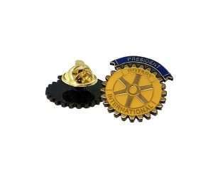 A Rotary President Lapel Badge in gold and black with blue accents is displayed front and back against a white background.