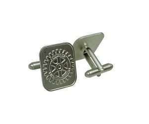 Rotary Silver Cufflinks (Pair) in Presentation Case featuring a gear-like design and “Rotary International” text engraved on the front.