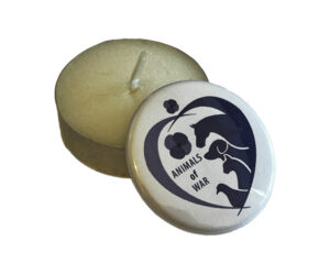 A small tealight candle and a round badge with a heart-shaped design, animal silhouettes, and the text "Animals of War" on a white background.