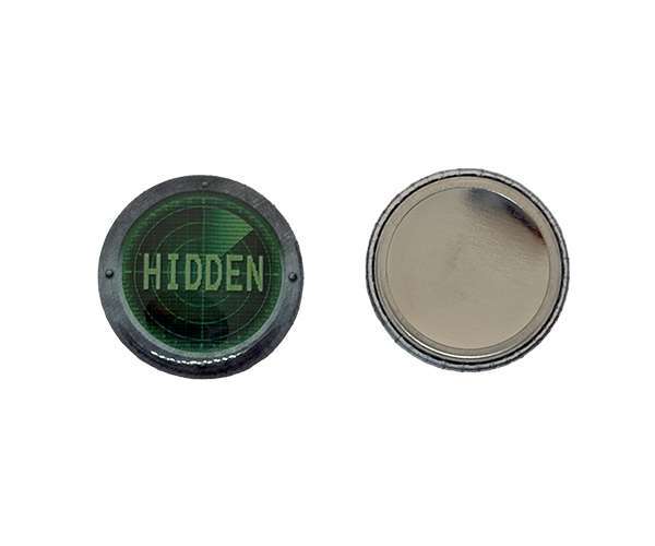Two 25mm Personalised Games Counters are shown on a plain white background: one features a green radar display with the word "HIDDEN", whilst the other is metallic and blank.