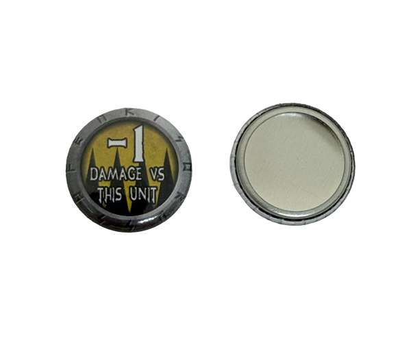 Two 25mm Personalised Games Counters are included: one features "-1 Damage vs This Unit" on a yellow and black background, whilst the other is blank.