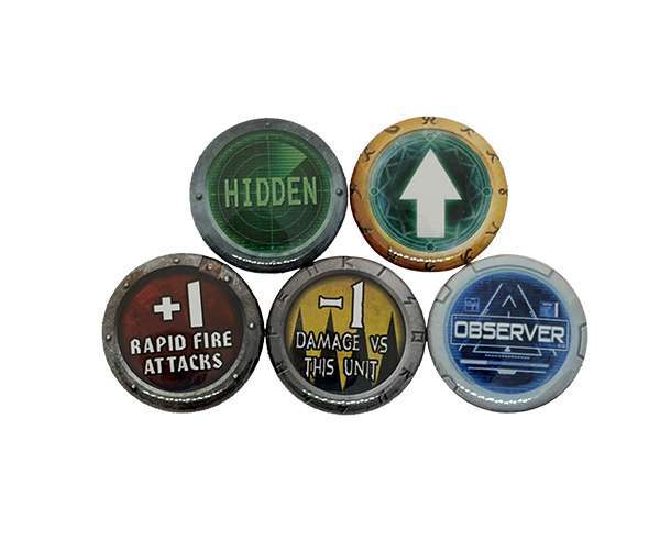 Five 25mm Personalised Games Counters featuring the following designs: "HIDDEN," an upward arrow, "+1 RAPID FIRE ATTACKS," "+1 DAMAGE VS THIS UNIT," and "OBSERVER.