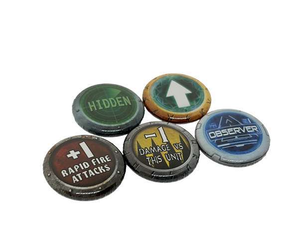 Set of five 25mm Personalised Games Counters, each featuring a unique design: "HIDDEN," an upward arrow symbol, "OBSERVER," "+1 RAPID FIRE ATTACKS," and "+1 DAMAGE VS THIS UNIT"—all displayed on coloured backgrounds.