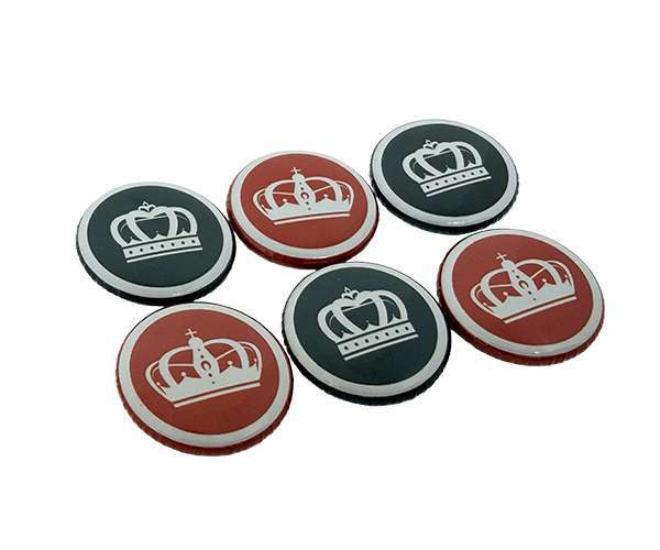 Six 25mm Personalised Games Counters—three in red and three in black—each displaying a white crown graphic with the word "AIRKRAFT" beneath it.