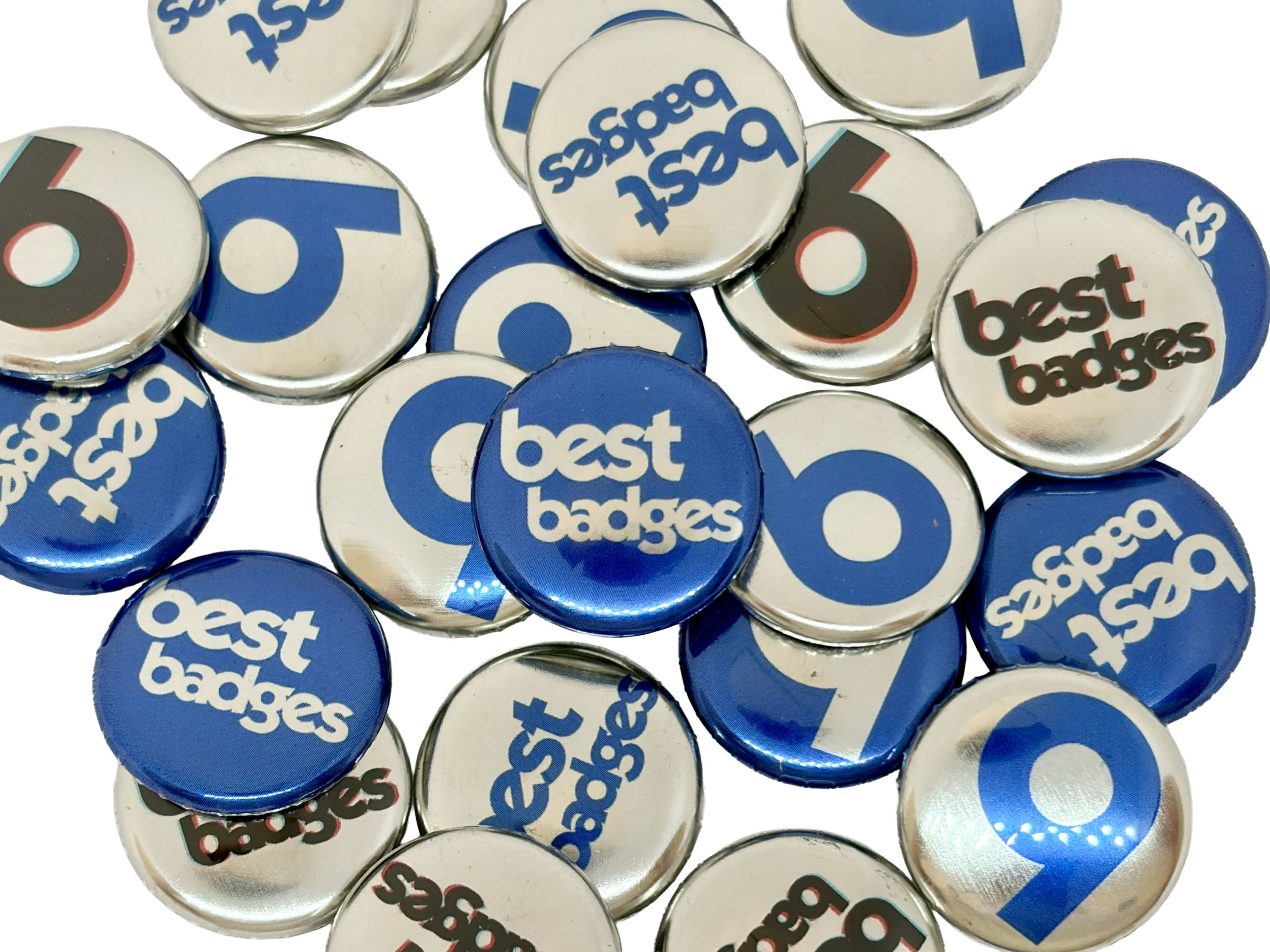 A collection of Metallic Button Badges in blue and silver, featuring creative designs such as "best badges" and the letter "B." These distinctive pieces highlight the endless possibilities when you design your own Metallic Button Badge.