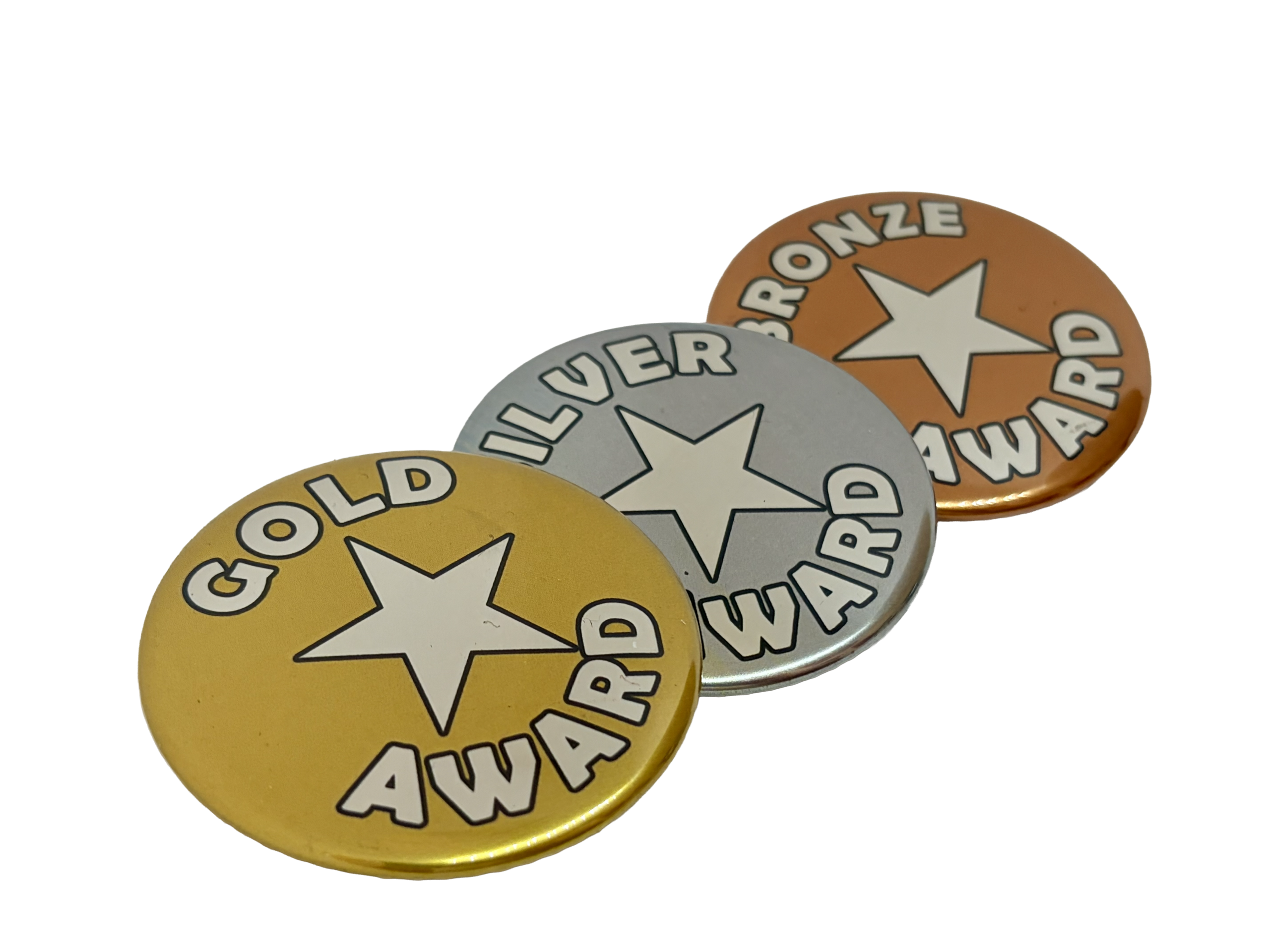 Three round Metallic Button Badges labelled "Gold Award," "Silver Award," and "Bronze Award" are displayed side by side on a white background, inspiring you to design your own button badge for any special achievement.