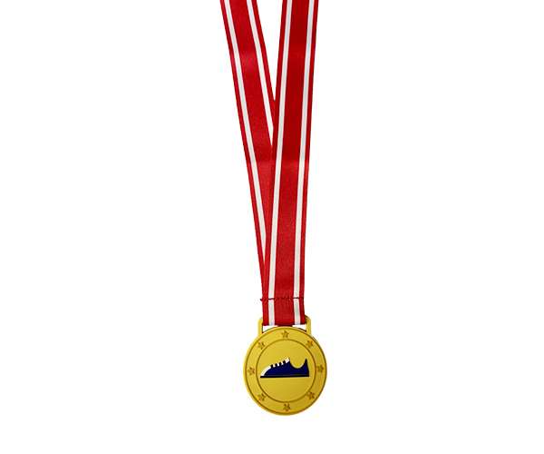 Soft PVC Medals featuring a blue trainer icon in the centre, surrounded by small stars along the edge, and designed as a gold medal with a red and white striped ribbon.