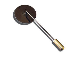 A metal pizza cutter with a round blade and a straight handle, photographed on a white background.